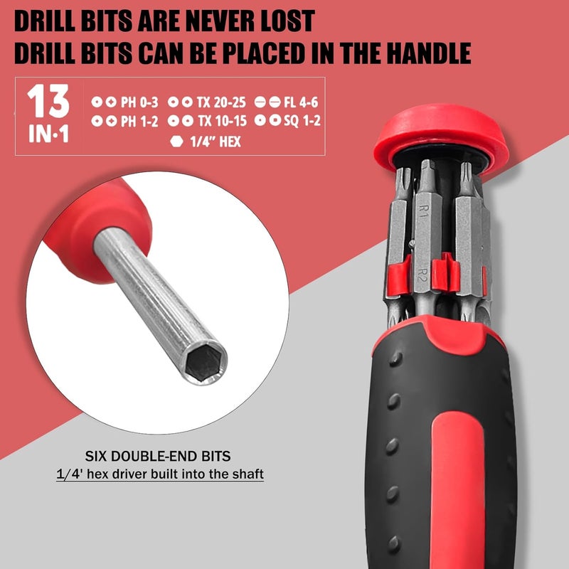 Brass hunter 13-in-1 Ratcheting Screwdriver | Multi-Bit Storage | Retractable Cartridge | Handle with Cushion Grip | ¼" Hex Shaft 、Star, Flat, Square Bit - Red、Black - Image 3